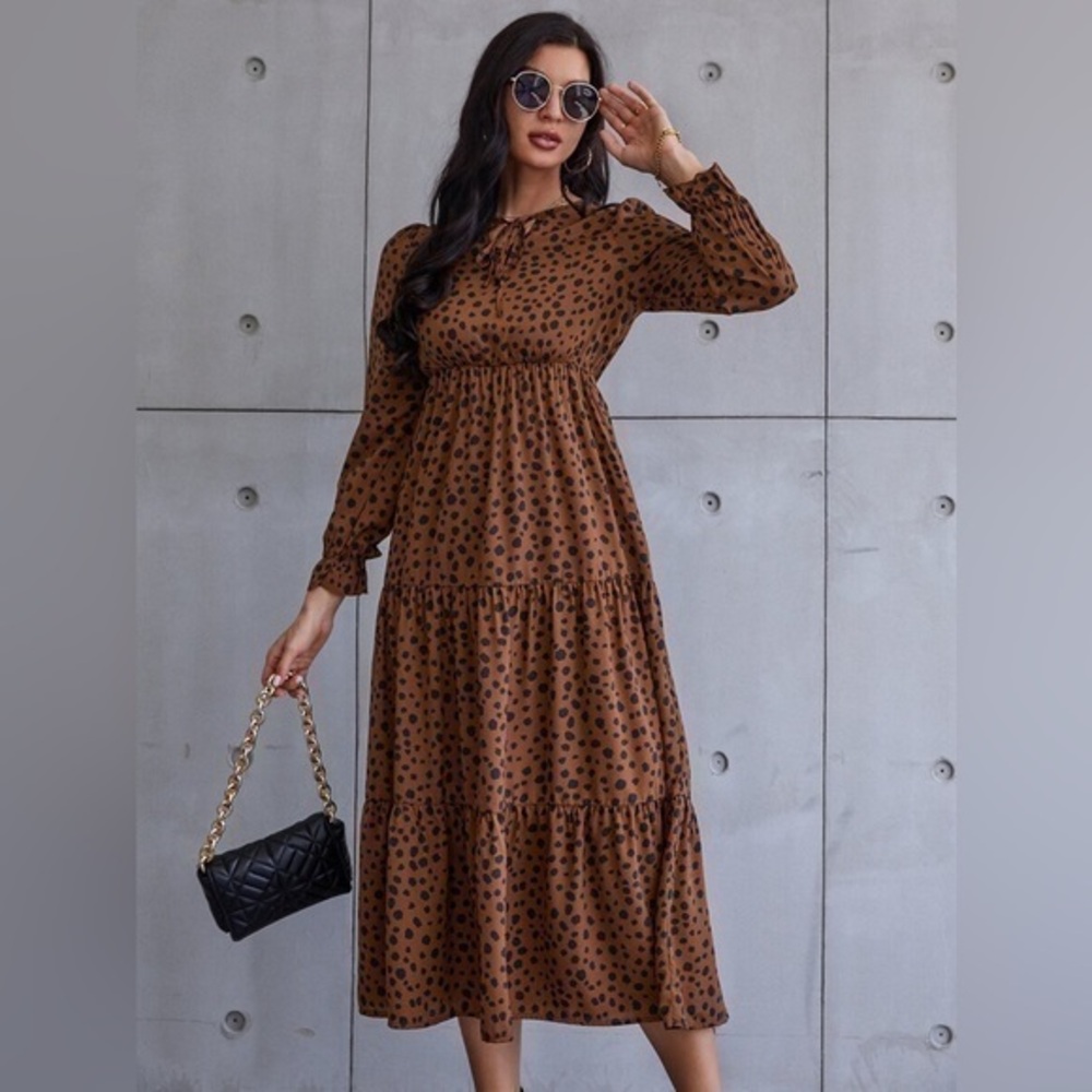 💋Dalmatian animal Print Tie Neck Flounce Sleeve Ruffle Hem Maxi Dress 👗 S